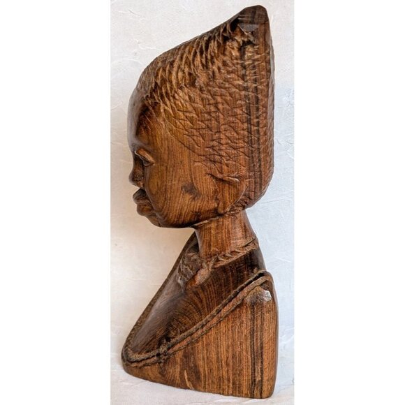 Wooden Handcarved African Statues Head Bust Tribal Man & Woman Pair Folk Art Set - Picture 5 of 16